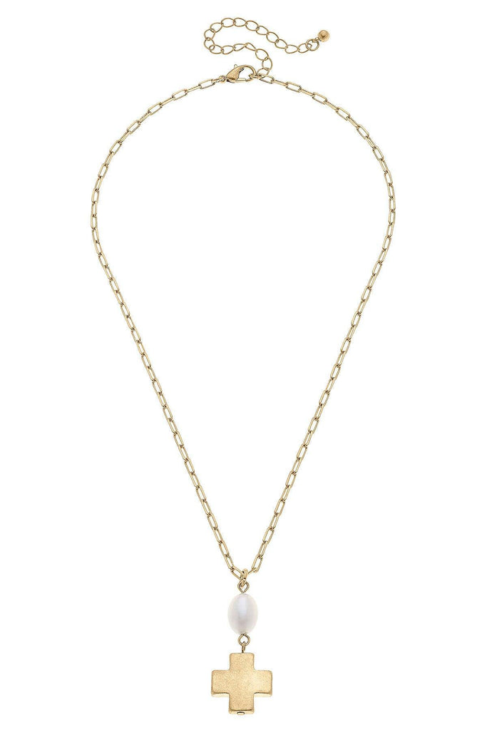 Edith Square Cross Delicate Necklace in Worn Gold - Canvas Style