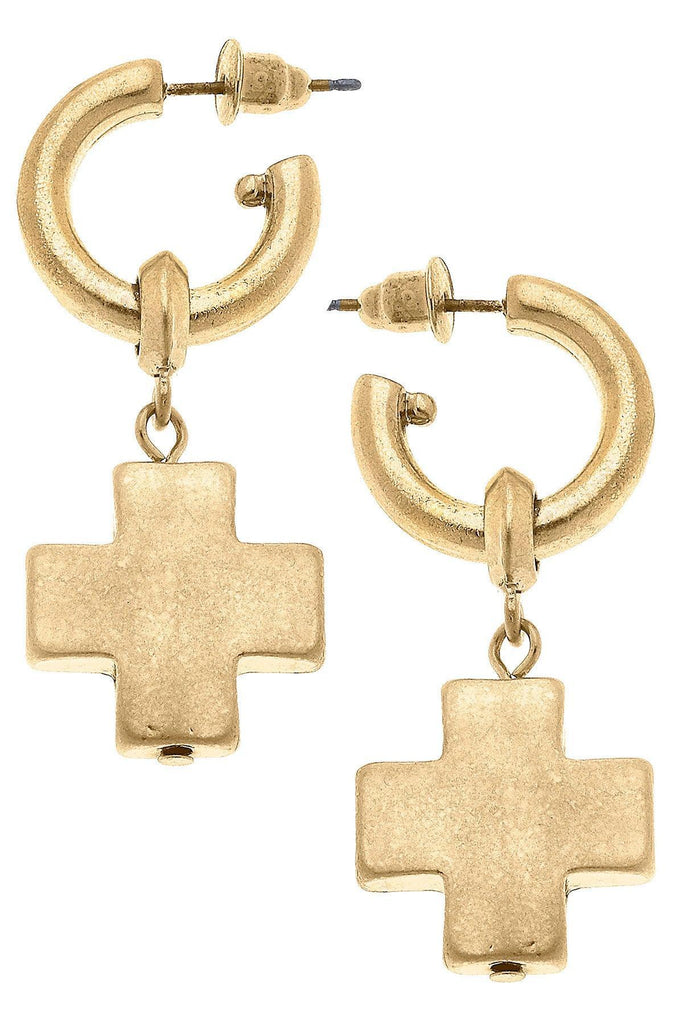 Edith Square Cross Drop Hoop Earrings in Worn Gold - Canvas Style