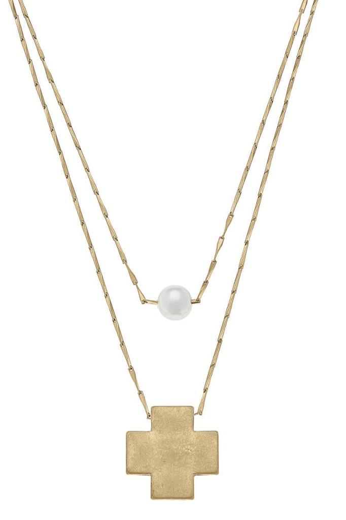 Edith Square Cross Layered Pearl Necklace in Worn Gold - Canvas Style