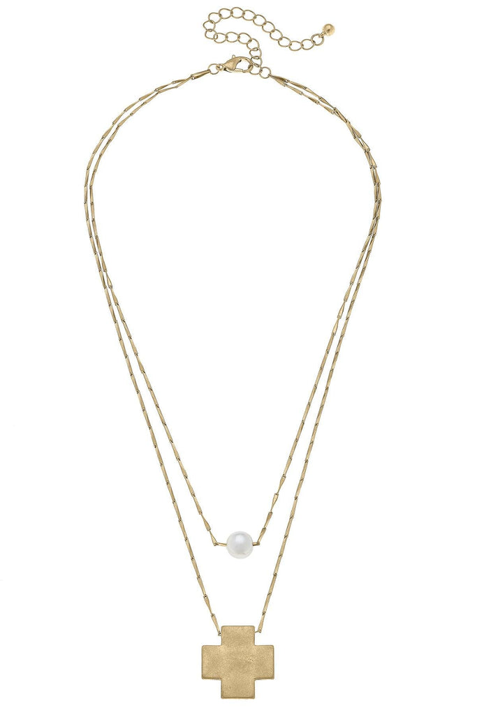 Edith Square Cross Layered Pearl Necklace in Worn Gold - Canvas Style