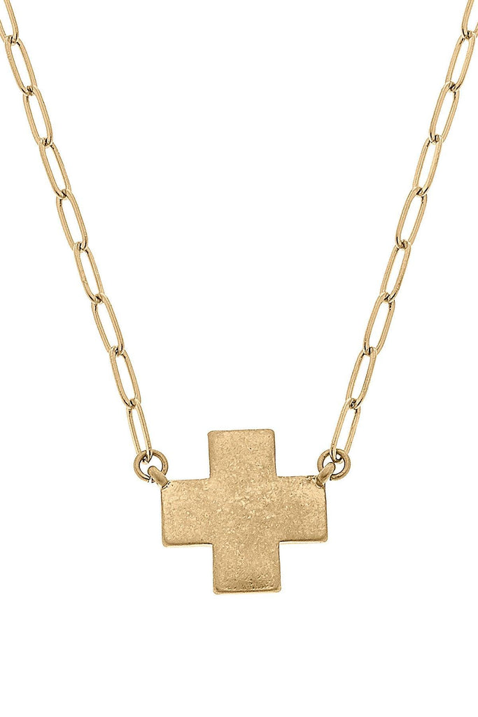 Edith Square Cross Necklace in Worn Gold - Canvas Style