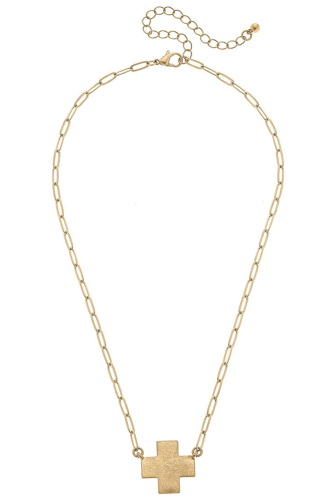 Edith Square Cross Necklace in Worn Gold - Canvas Style