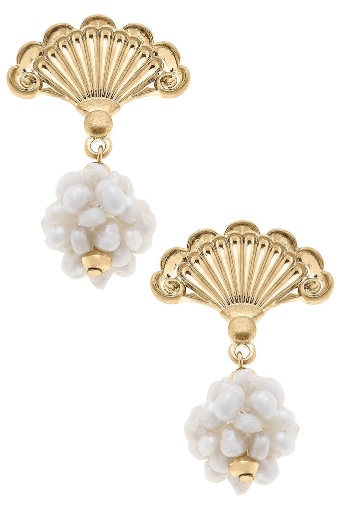 Elaine French Fan & Pearl Cluster Drop Earrings in Worn Gold - Canvas Style