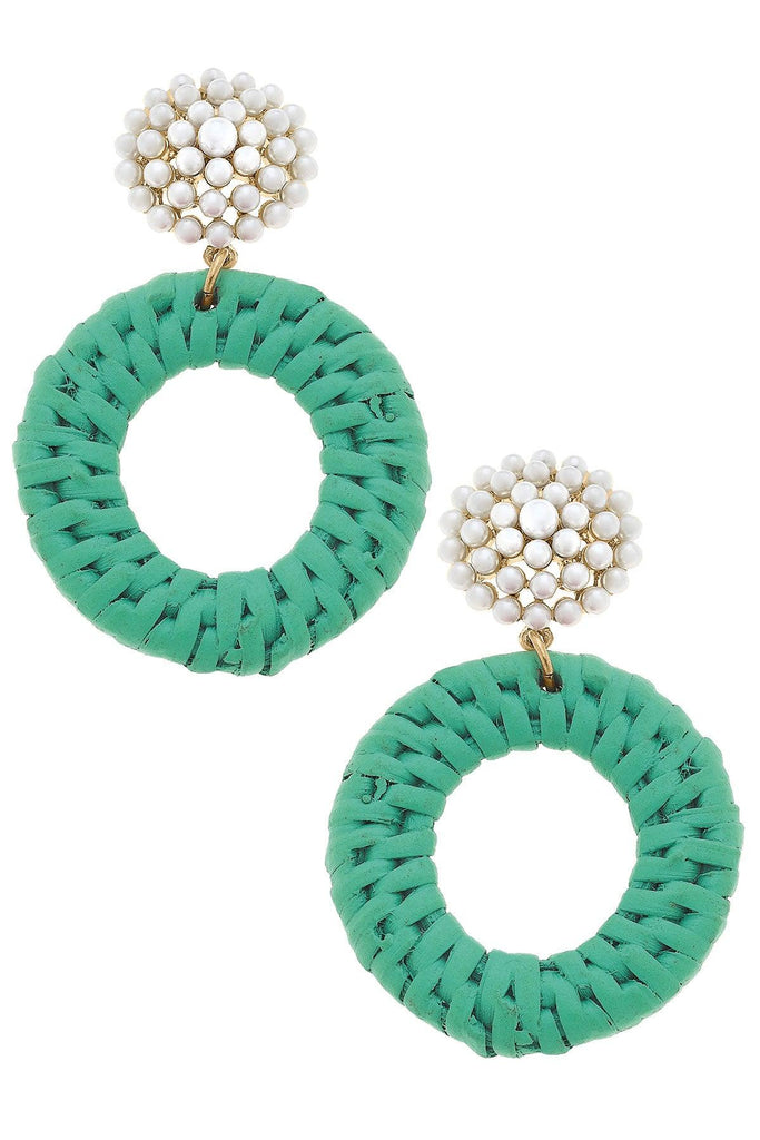 Elena Circle Wicker Pearl Drop Earring in Green - Canvas Style