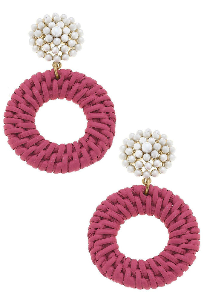 Elena Circle Wicker Pearl Drop Earrings in Pink - Canvas Style