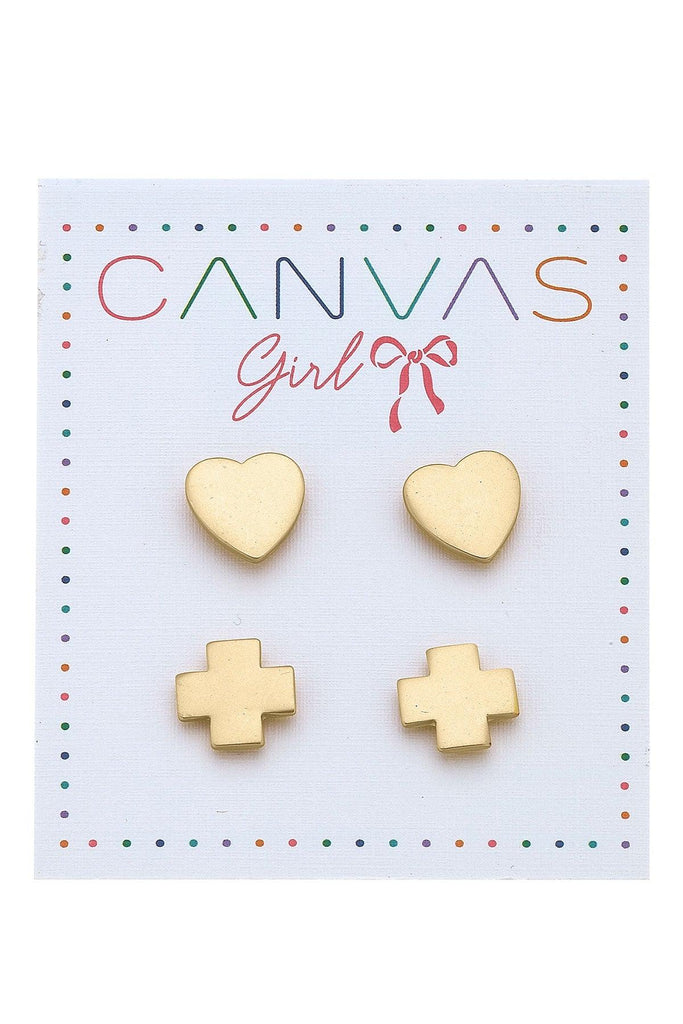 Elena Heart & Cross Children’s Stud Earrings (Set of 2) - Canvas Style