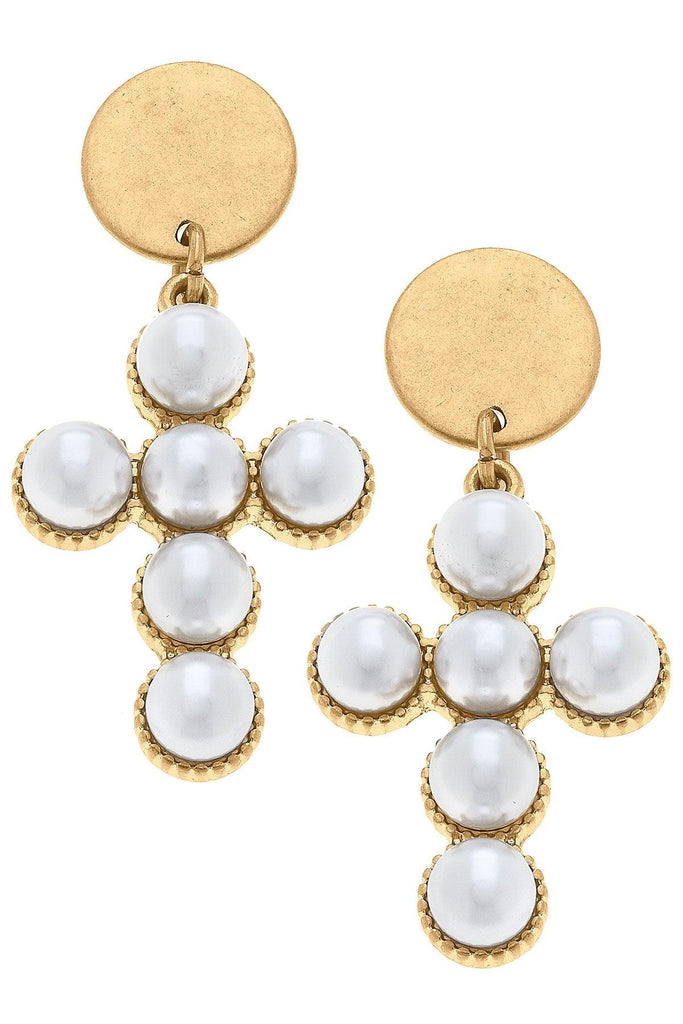 Elisha Pearl Cross Drop Earrings in Worn Gold - Canvas Style