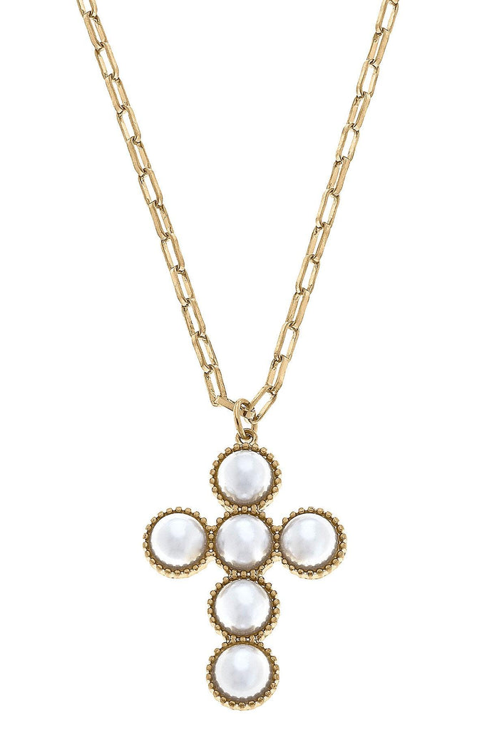 Elisha Pearl Cross Statement Necklace in Worn Gold - Canvas Style