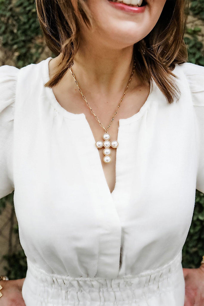 Elisha Pearl Cross Statement Necklace in Worn Gold - Canvas Style