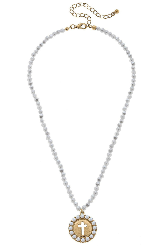 Elizabeth Pearl Coin Cross Beaded Necklace in Ivory - Canvas Style
