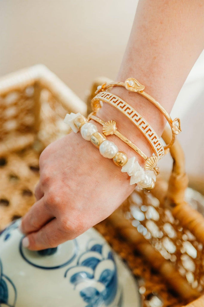 Elle Beaded Shell & Pearl Stretch Bracelet in Ivory - Canvas Style