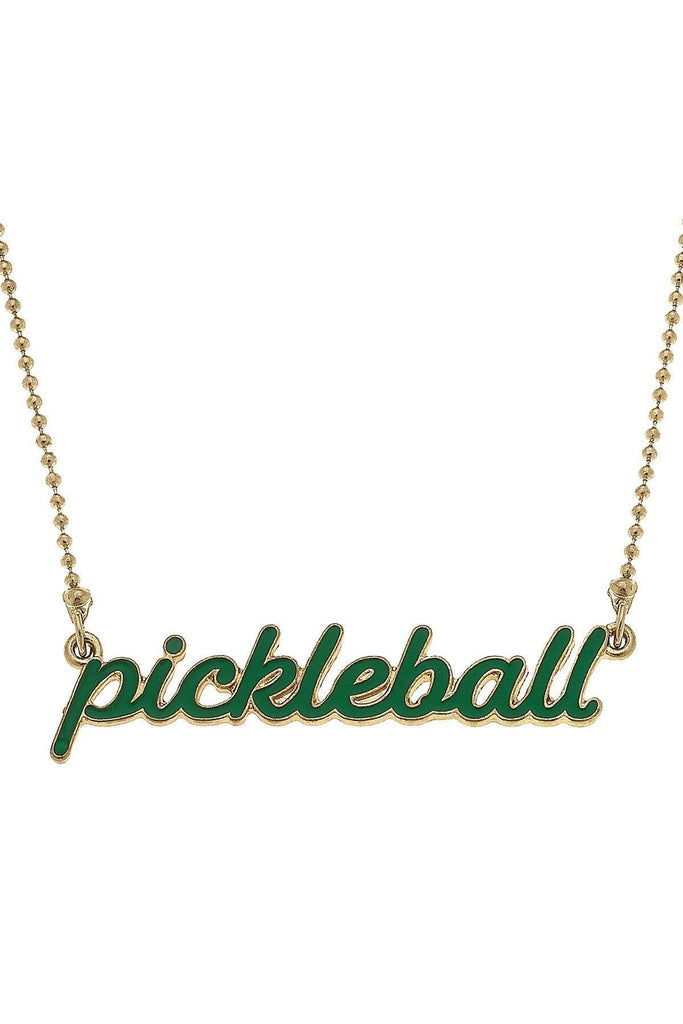 Ellie Pickleball Enamel Script Necklace in Green - Canvas Style