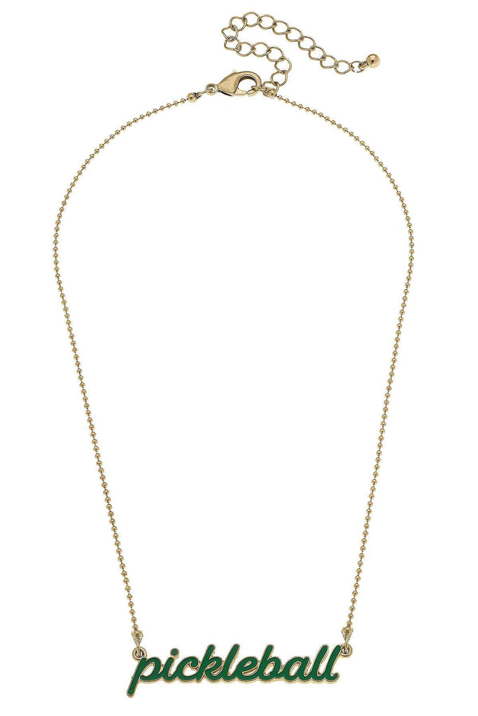 Ellie Pickleball Enamel Script Necklace in Green - Canvas Style