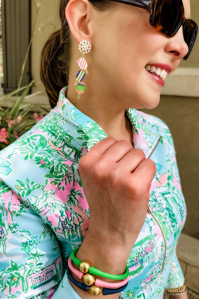 Ellie Pickleball Triple Linked Pearl Cluster Drop Earrings in Multi - Canvas Style