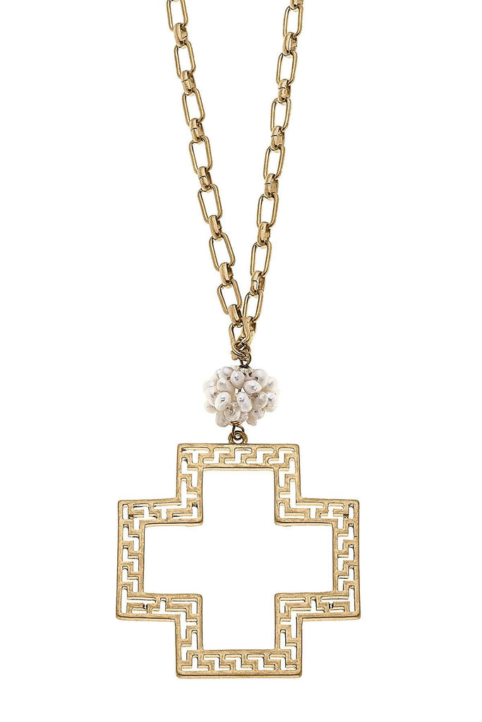 Elysa Greek Keys Cross Pendant & Pearl Cluster Necklace in Worn Gold - Canvas Style