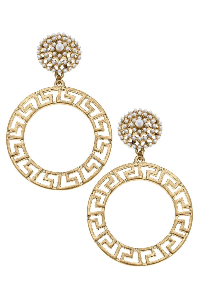 Emilia Greek Keys Circle & Pearl Studded Statement Earrings in Worn Gold - Canvas Style