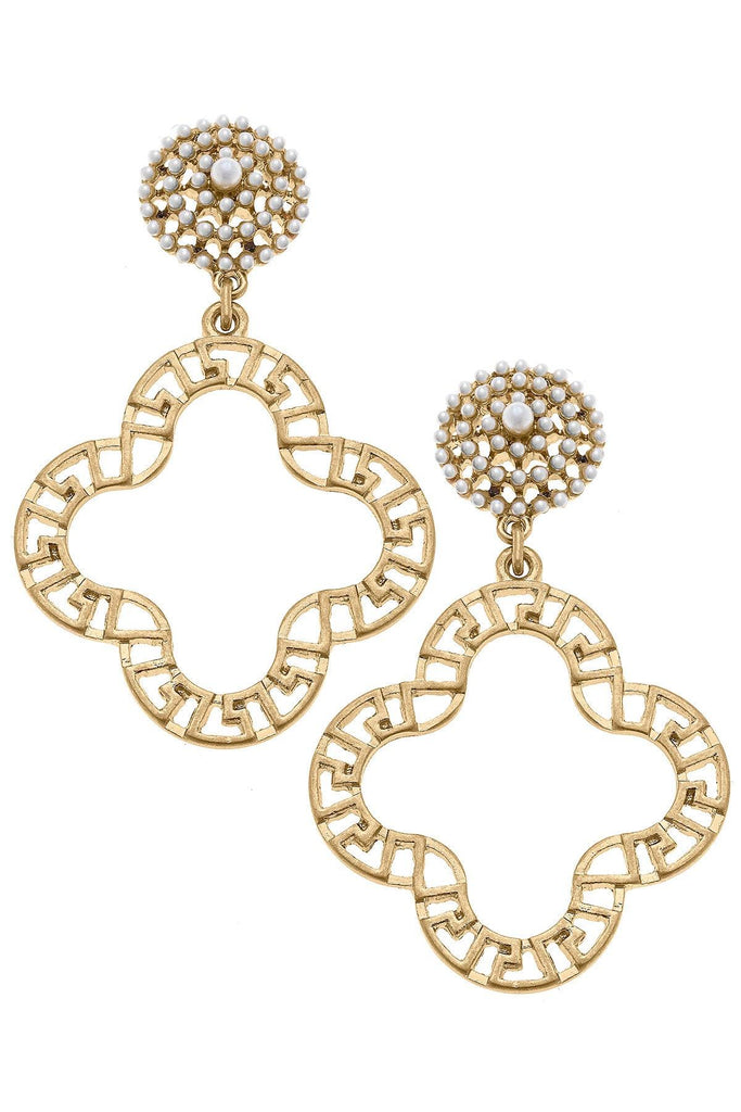 Emilia Greek Keys Clover & Pearl Studded Statement Earrings in Worn Gold - Canvas Style