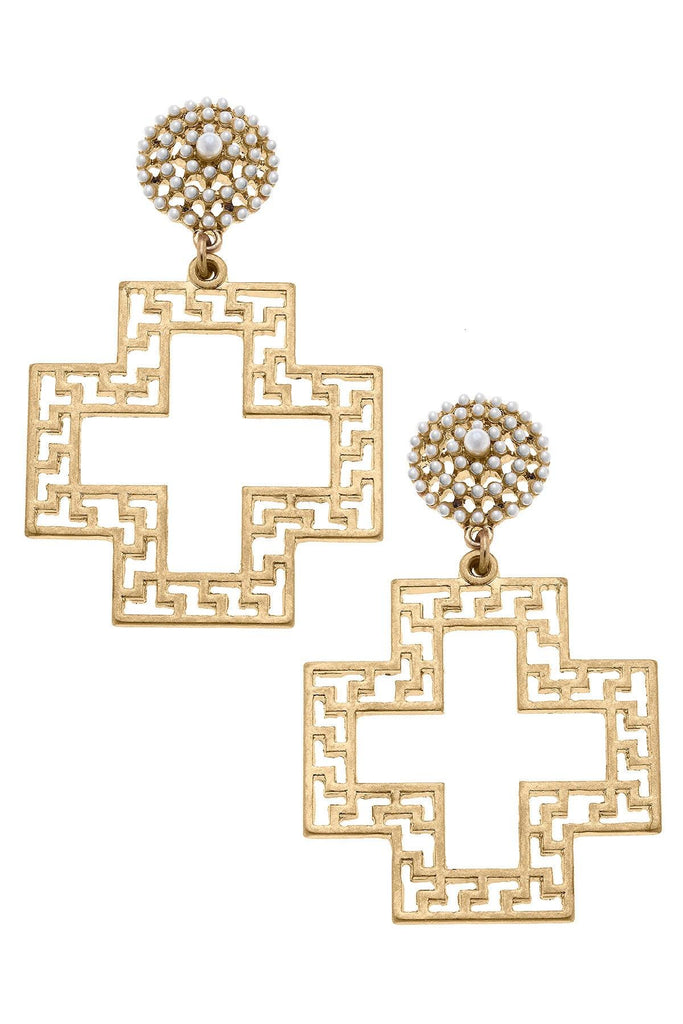 Emilia Greek Keys Cross & Pearl Studded Statement Earrings in Worn Gold - Canvas Style