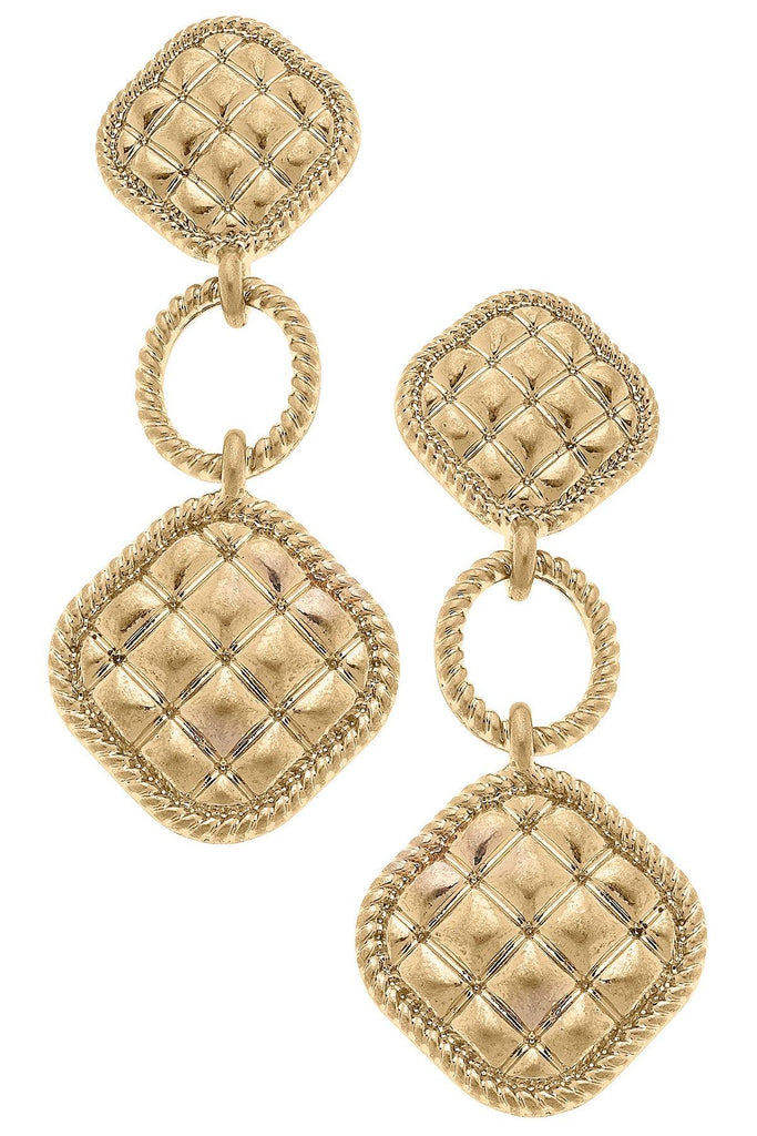 Ennis Quilted Metal Diamond Drop Earrings in Worn Gold - Canvas Style