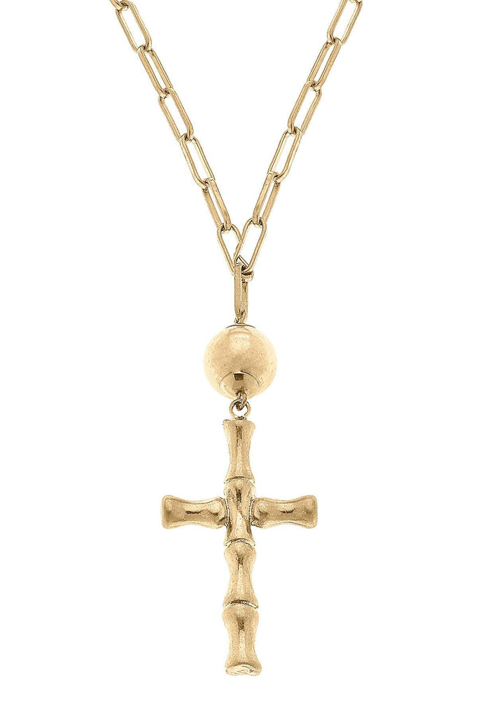 Estella Bamboo Cross Pendant Necklace in Worn Gold - Canvas Style
