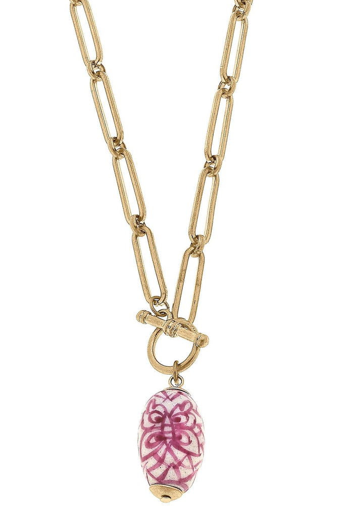 Evelyn Chinoiserie T-Bar Necklace in Pink & White - Canvas Style