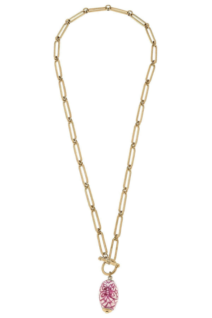 Evelyn Chinoiserie T-Bar Necklace in Pink & White - Canvas Style