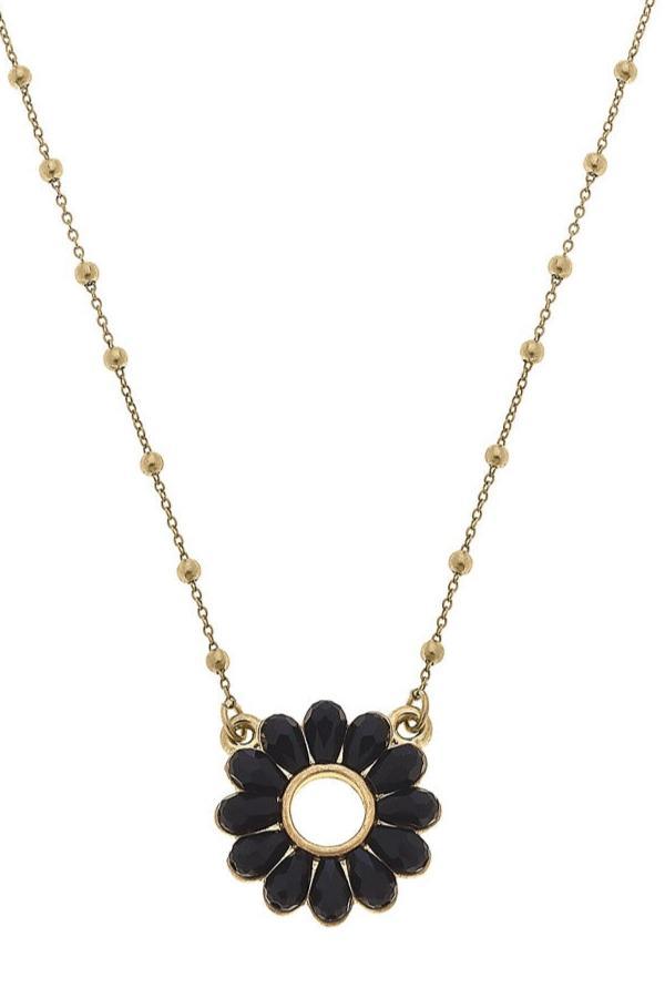 Faye Floral Glass Pendant Necklace in Black - Canvas Style