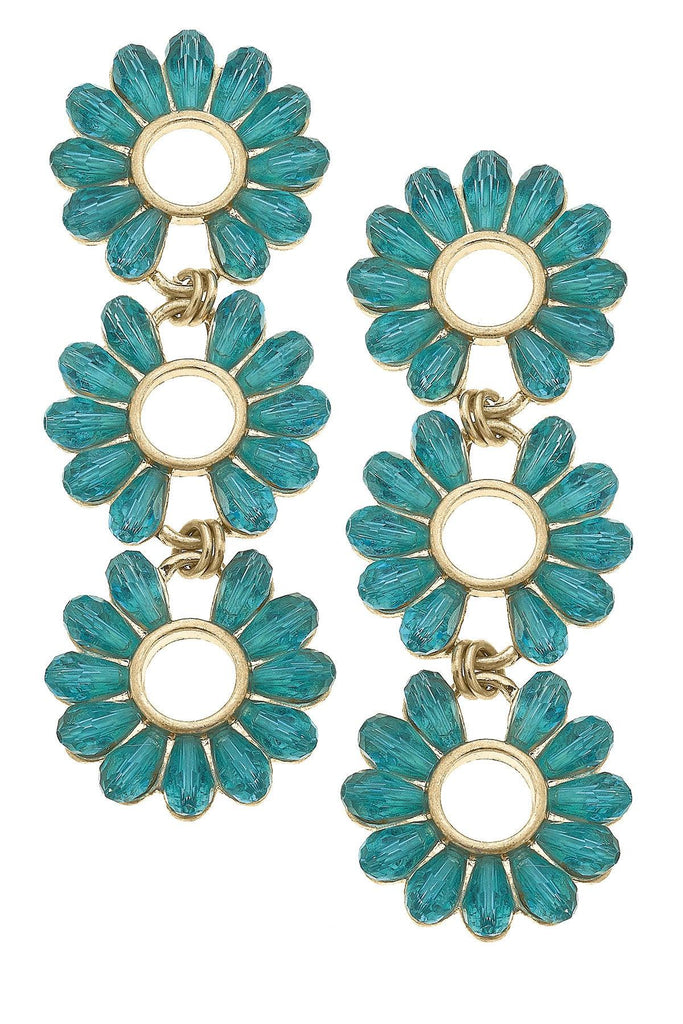 Faye Triple Glass Flower Statement Earrings in Aqua - Canvas Style