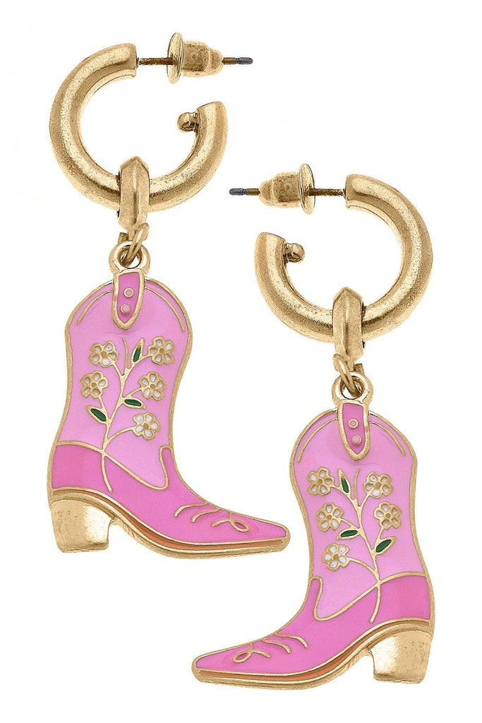 Floral Cowgirl Boots Enamel Drop Hoop Earrings - Canvas Style