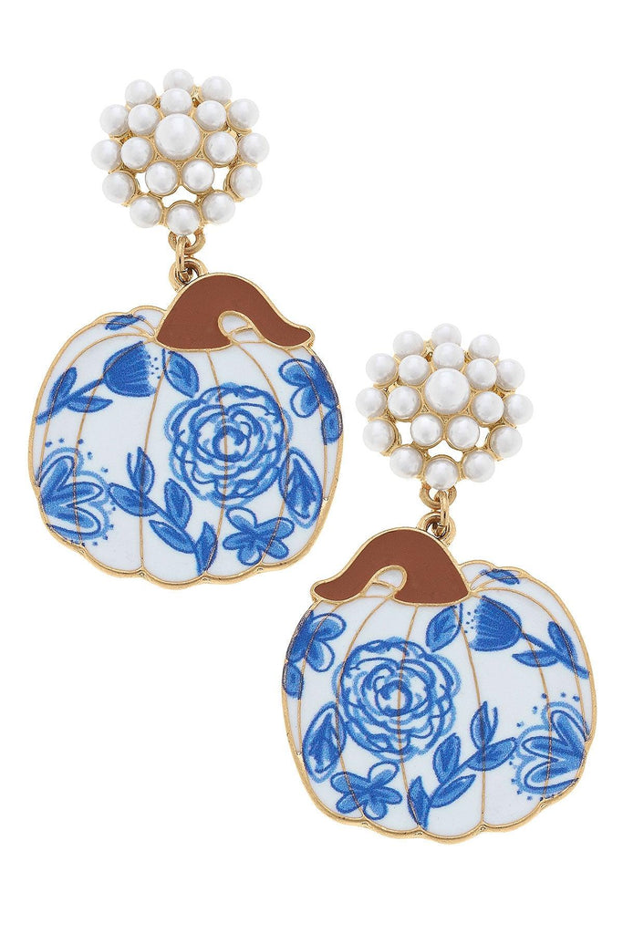 For Pete's Sake Pottery Floral Pumpkin Earrings in Blue & White - Canvas Style