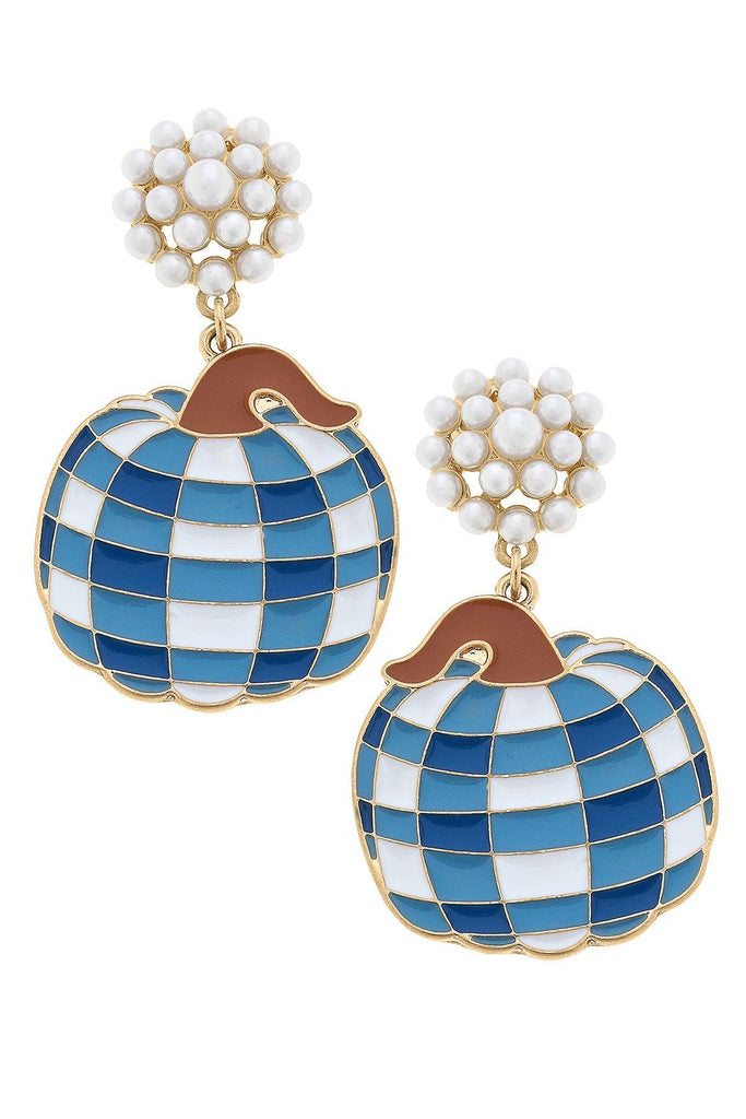 For Pete's Sake Pottery Gingham Pumpkin Earrings in Blue & White - Canvas Style