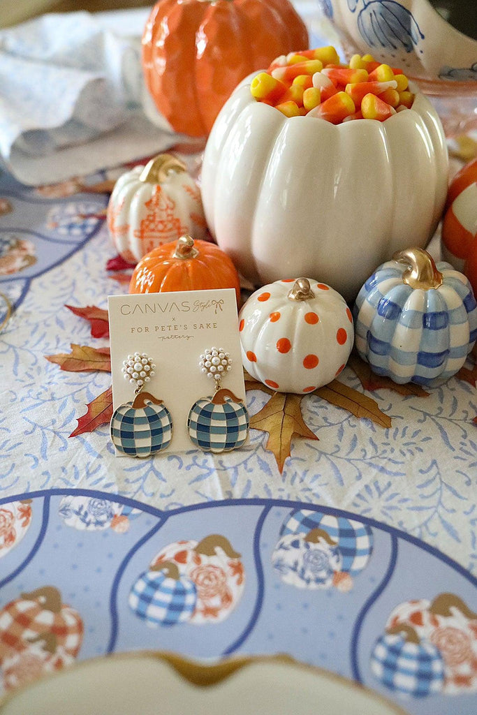 For Pete's Sake Pottery Gingham Pumpkin Earrings in Blue & White - Canvas Style