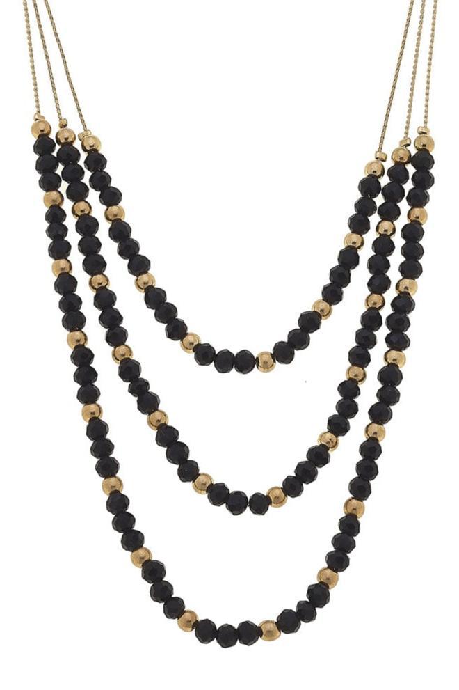 Francie Glass Beaded Multi Strand Necklace in Black & Gold - Canvas Style