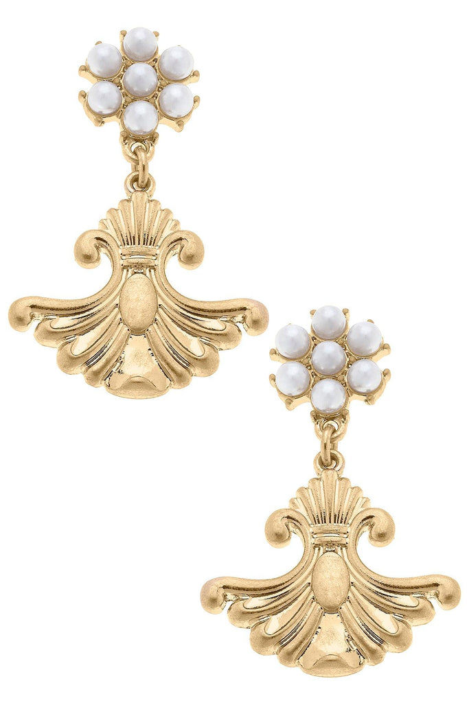 Gabrielle Fleur de Lis & Pearl-Studded Drop Earrings in Worn Gold - Canvas Style
