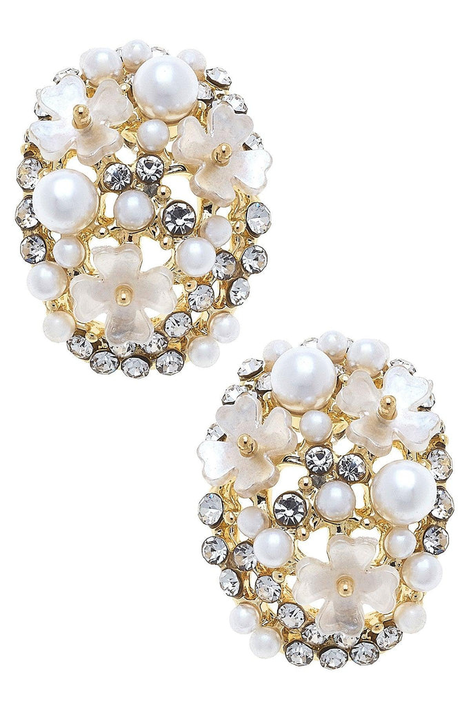 Genevieve Pearl & Rhinestone Flower Stud Earrings in Ivory - Canvas Style