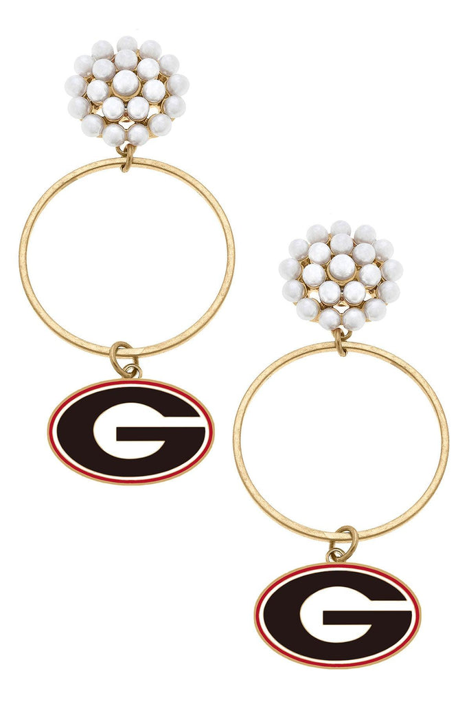 Georgia Bulldogs Pearl Cluster Enamel Hoop Earrings - Canvas Style
