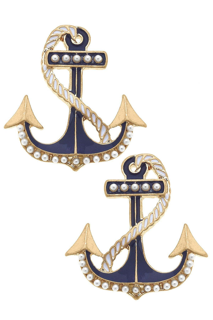 Georgina Enamel & Pearl Studded Anchor Earrings in Navy - Canvas Style