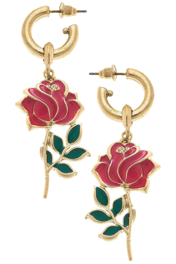 Gianna Rose Flower Enamel Drop Hoop Earrings in Worn Gold - Canvas Style