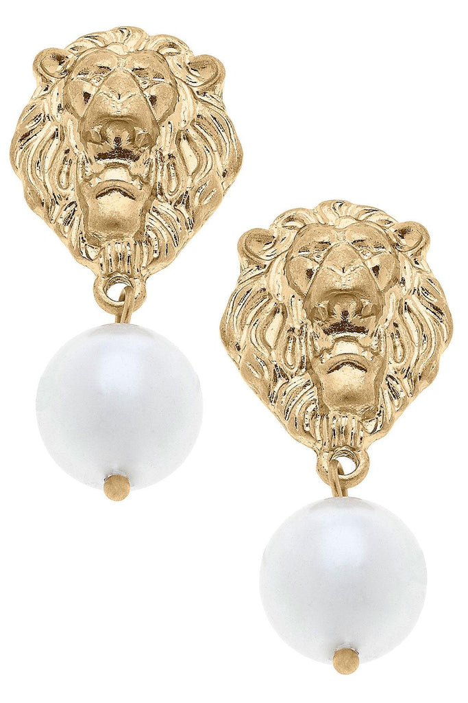 Gloria Lion Head & Pearl Drop Earrings in Worn Gold - Canvas Style