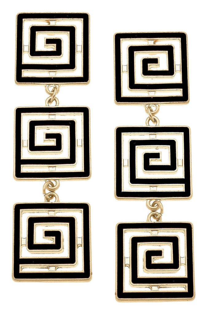 Gretchen Game Day Greek Keys Linked Enamel Earrings in Black - Canvas Style