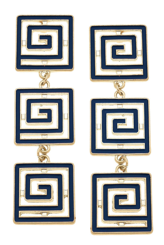 Gretchen Game Day Greek Keys Linked Enamel Earrings in Navy - Canvas Style