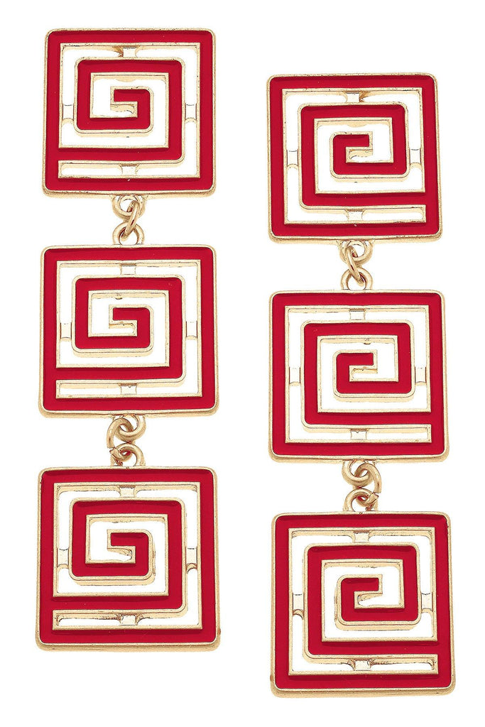 Gretchen Game Day Greek Keys Linked Enamel Earrings in Red - Canvas Style