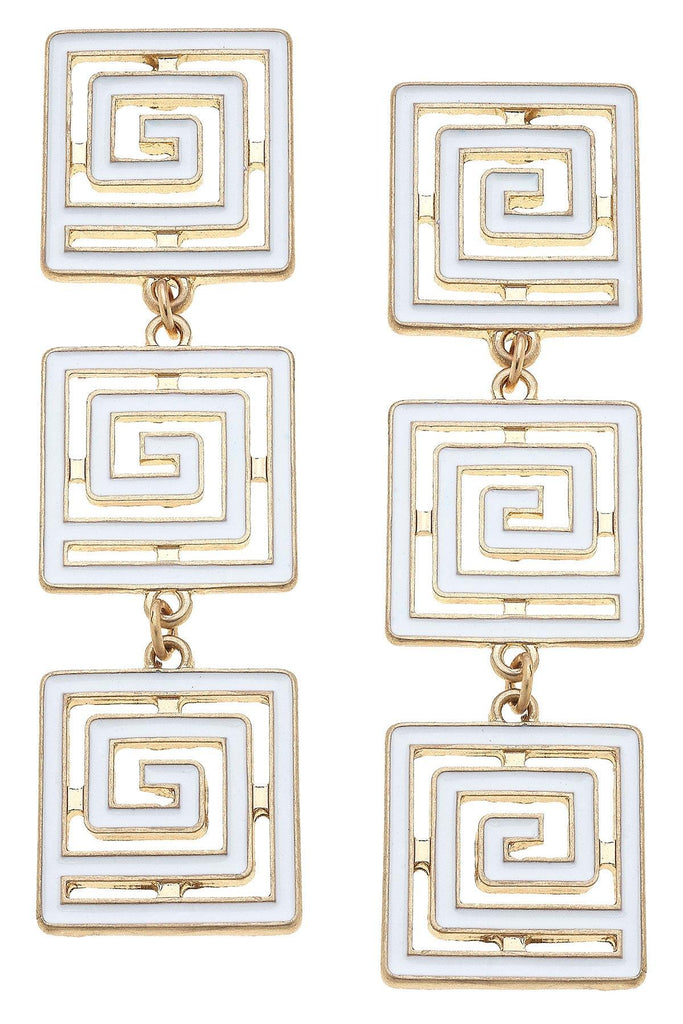 Gretchen Game Day Greek Keys Linked Enamel Earrings in White - Canvas Style