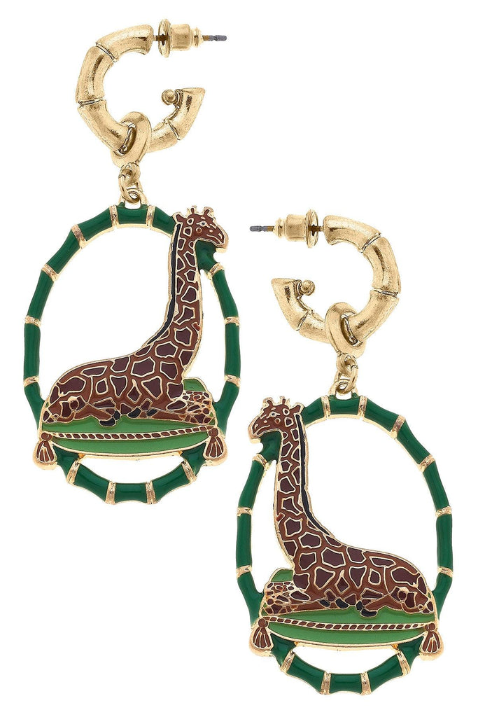 Gwen Enamel Giraffe Earrings in Green & Brown - Canvas Style