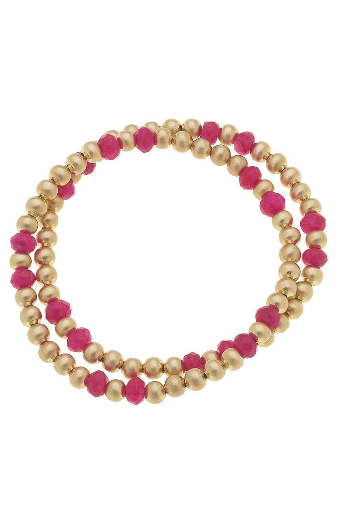 Hallie Semiprecious Ball Bead Stretch Bracelets (Set of 2) in Fuchsia - Canvas Style