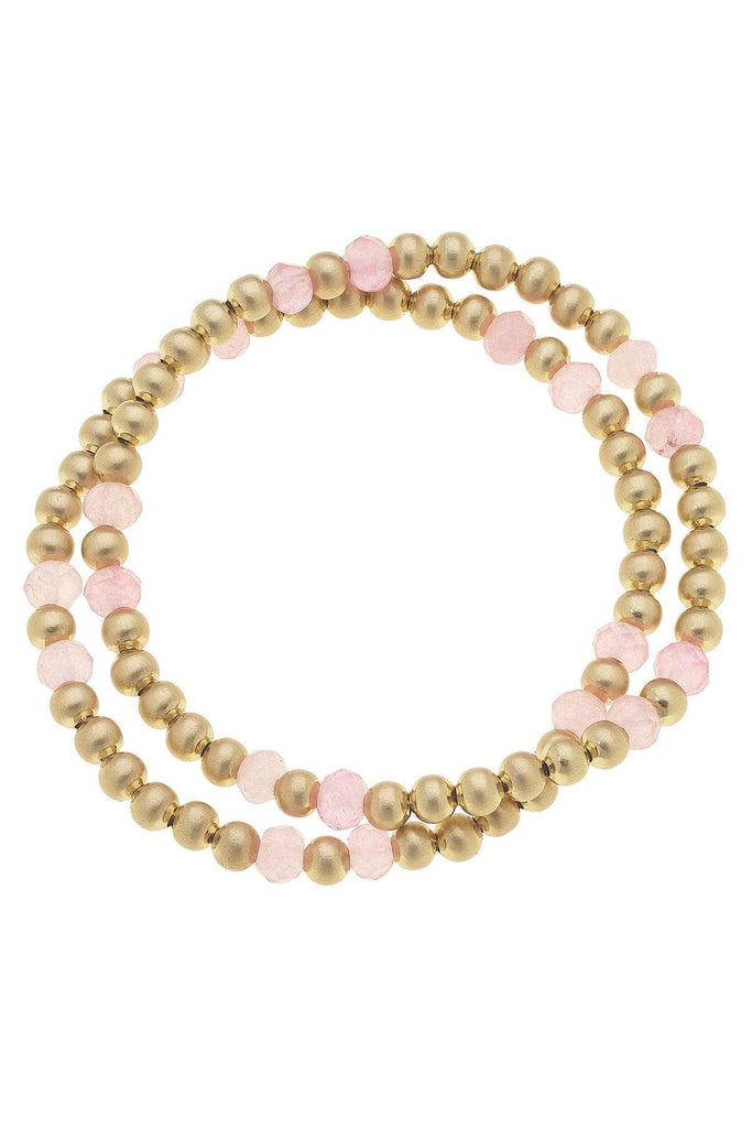 Hallie Semiprecious Ball Bead Stretch Bracelets (Set of 2) in Light Pink - Canvas Style