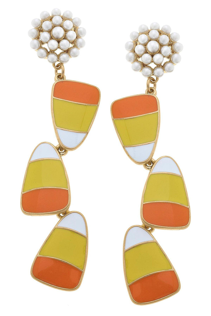 Halloween Enamel Linked Candy Corn Earrings in Orange/Yellow/White - Canvas Style