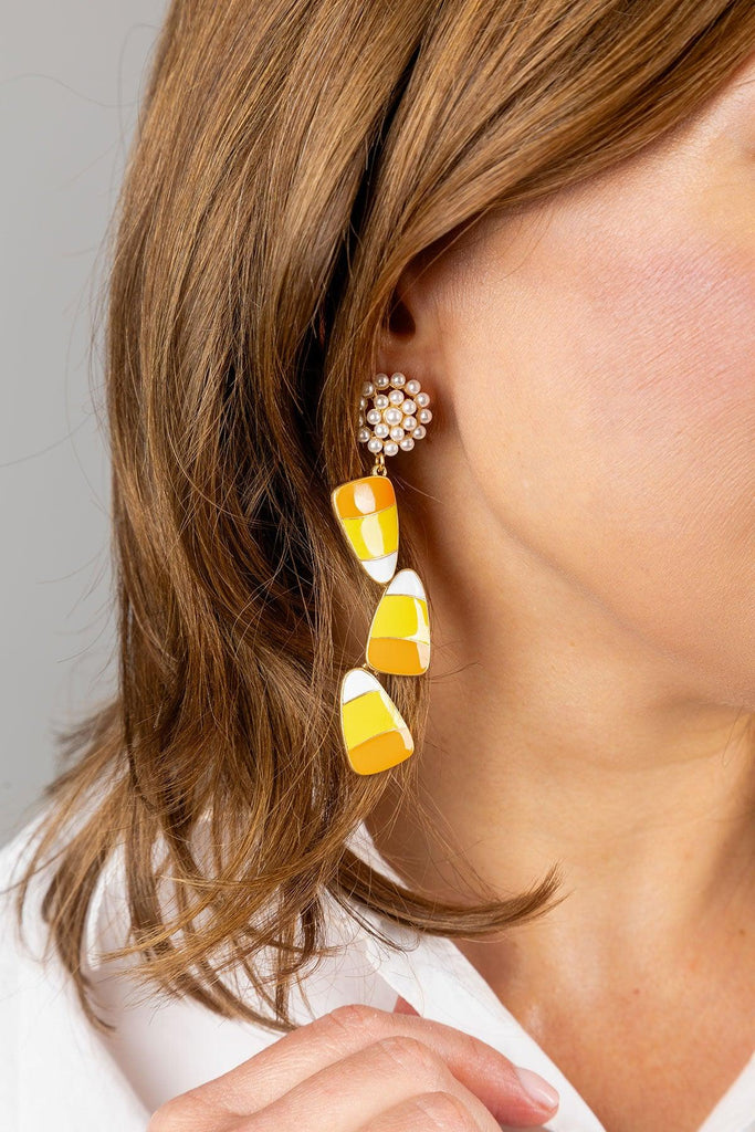 Halloween Enamel Linked Candy Corn Earrings in Orange/Yellow/White - Canvas Style