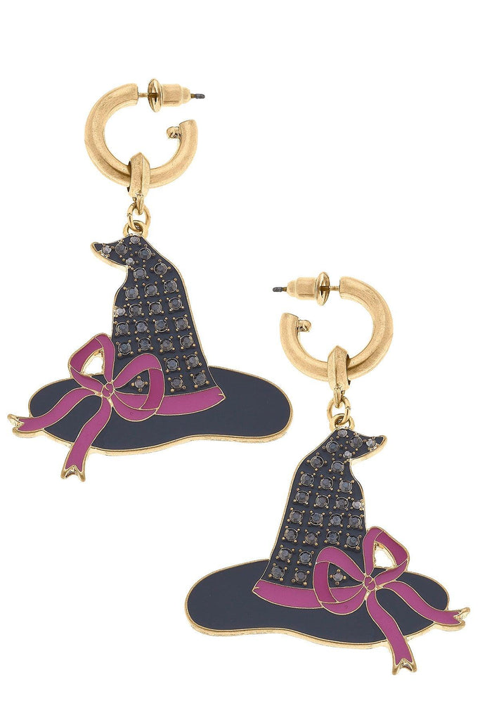Halloween Witch Hat Enamel & Pave Earrings in Black & Pink - Canvas Style