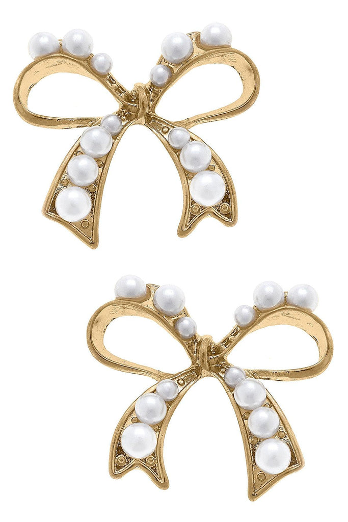 Harper Pearl-Studded Bow Stud Earrings in Ivory - Canvas Style